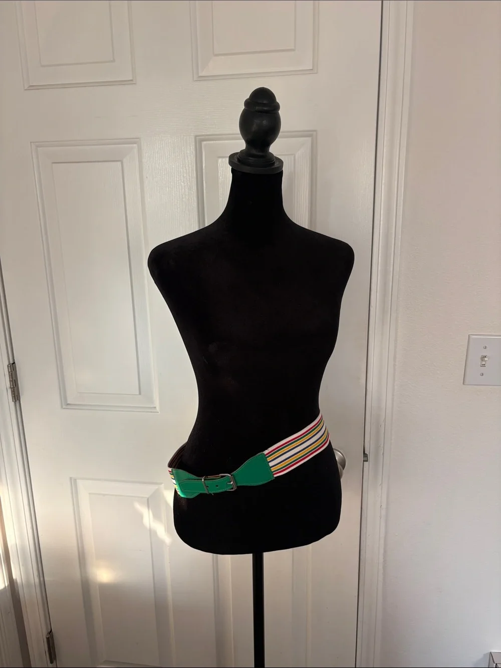 Vintage 70s Striped Multicolor Elastic Belt With Faux Green Leather Buckle.